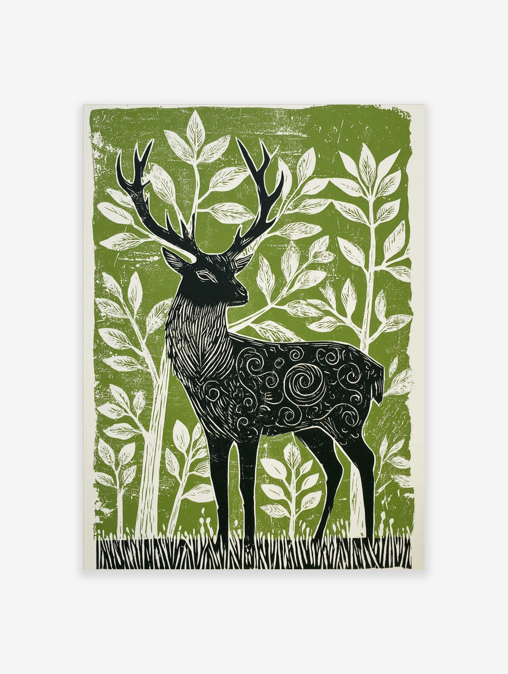 Illustrative black stag with ornate patterns, standing in a green forest with white leaves