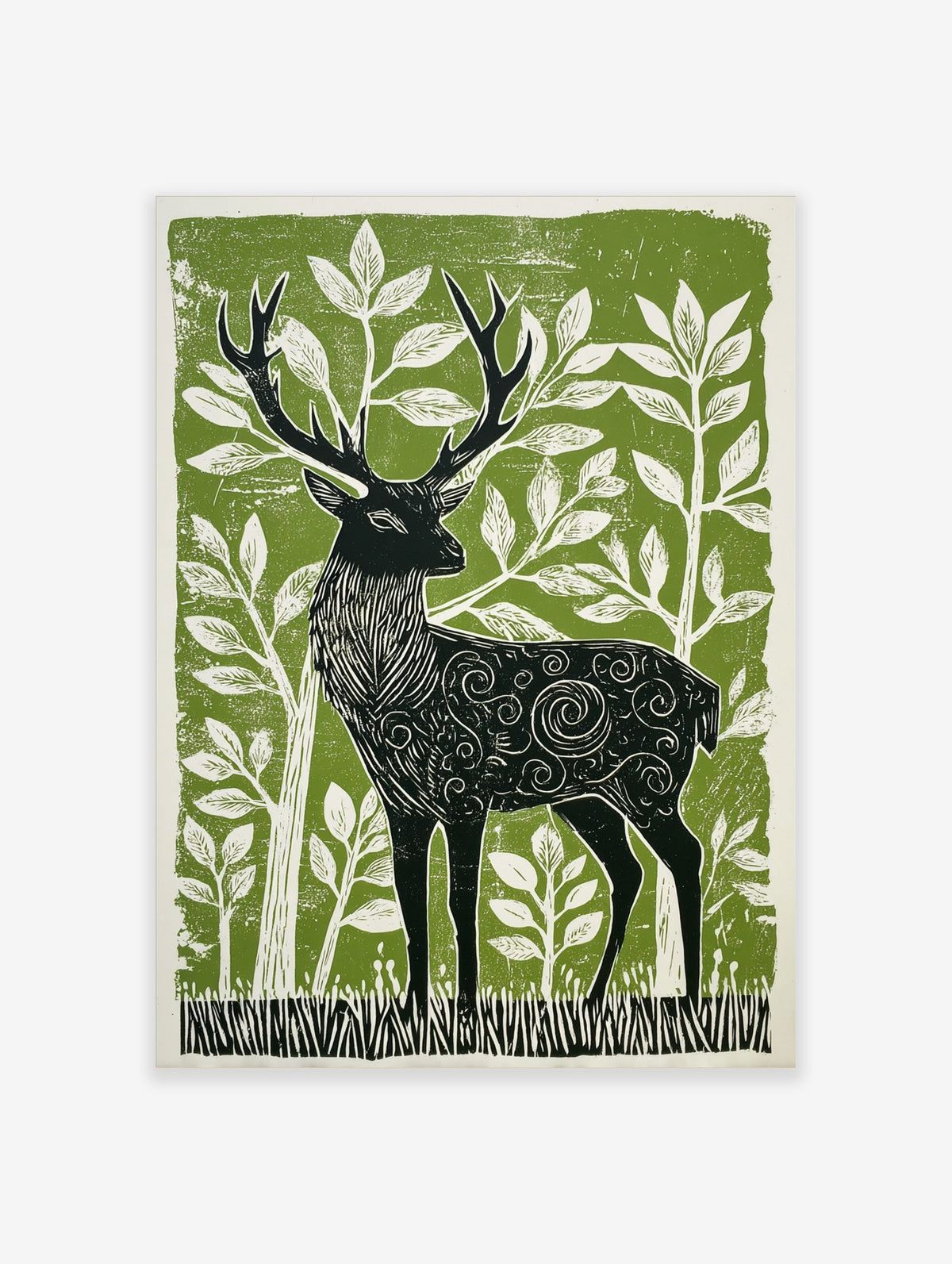 Stylised linocut print of a black stag with ornate patterns, surrounded by white foliage on a green background