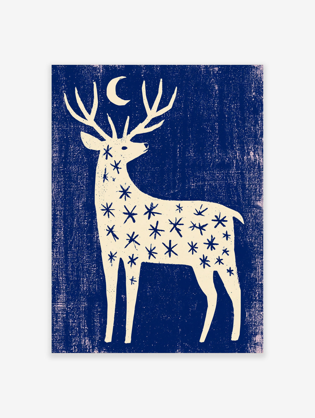 Navy blue stag poster with cream deer, crescent moon and star markings, folk art style
