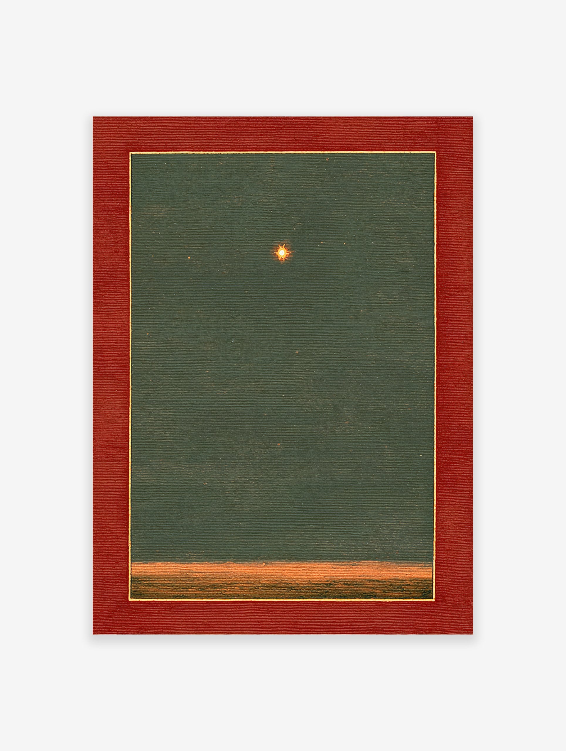 Framed star art print with a glowing star in a dark green sky above an orange horizon, featuring a red mat.