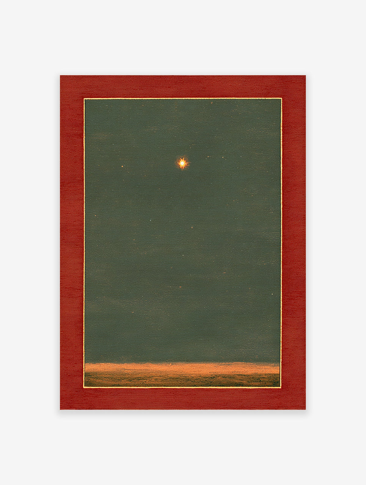 Framed star art print with a glowing star in a dark green sky above an orange horizon, featuring a red mat.