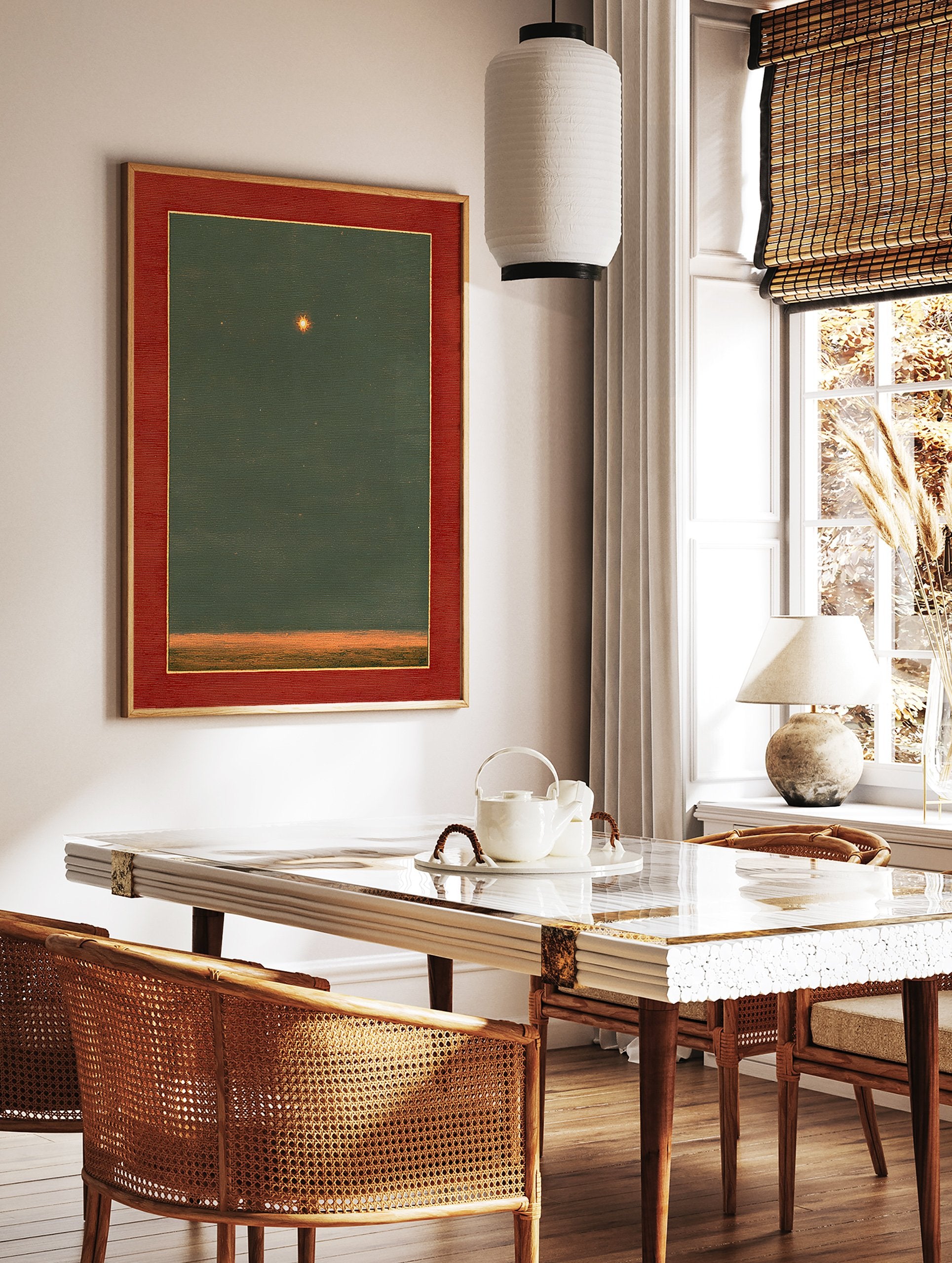 Framed star art print with a glowing star in a dark green sky above an orange horizon, featuring a red mat. - Image 2