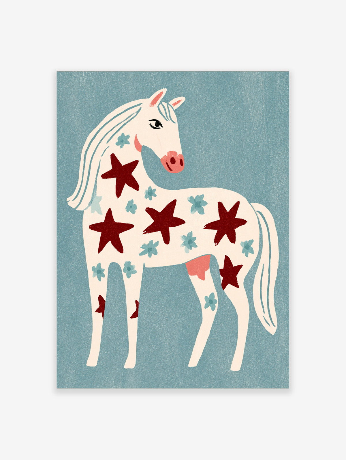Cream horse with red stars and blue flowers on teal background, folk art style