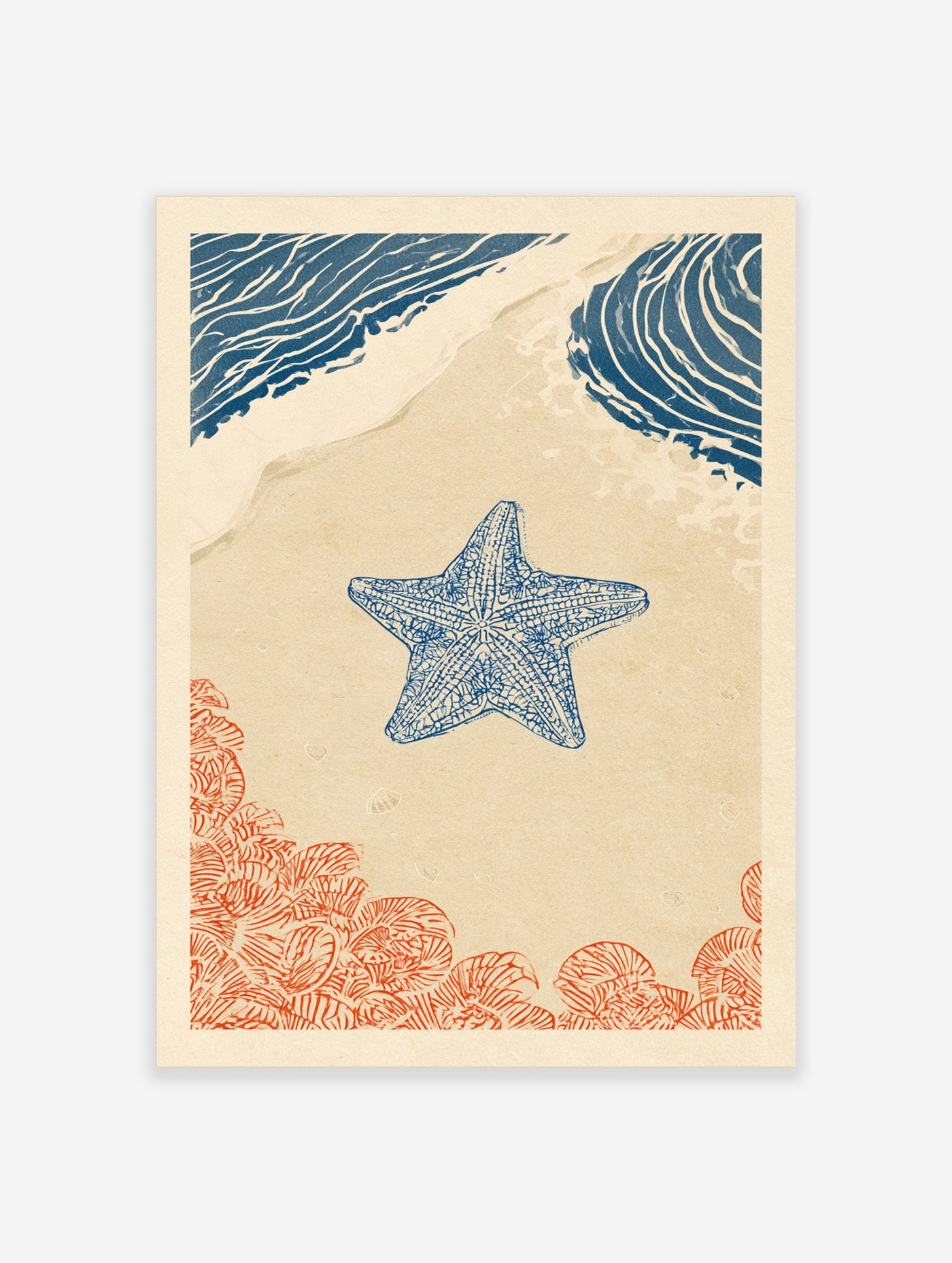 Illustrative coastal art print with a blue starfish, ocean waves, and orange seashells on a sandy background