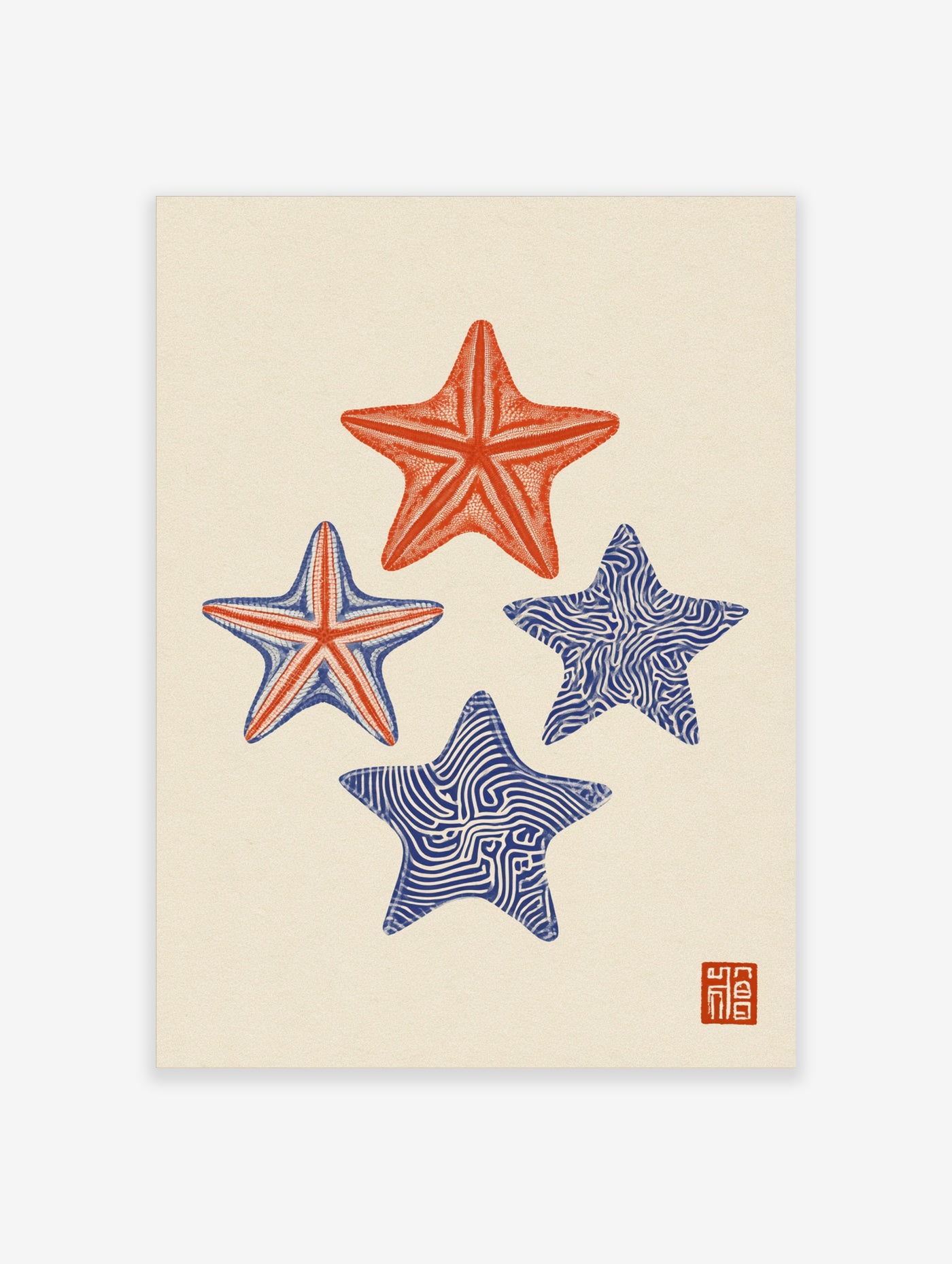 Four graphic starfish illustrations with red and blue patterns on a cream background, nautical wall art print