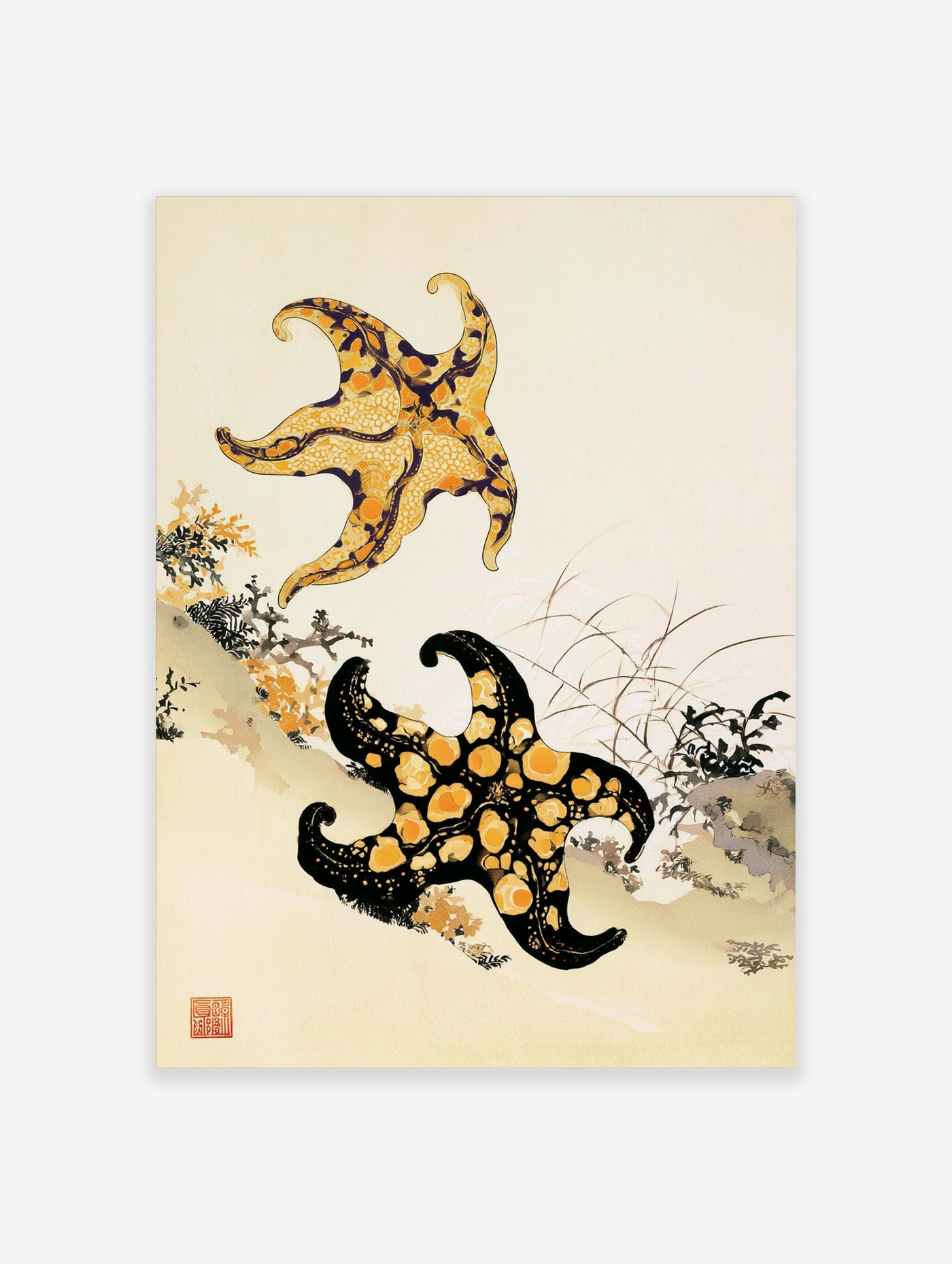 Two starfish illustration in yellow and black with botanical details on a light background, marine nature wall art print