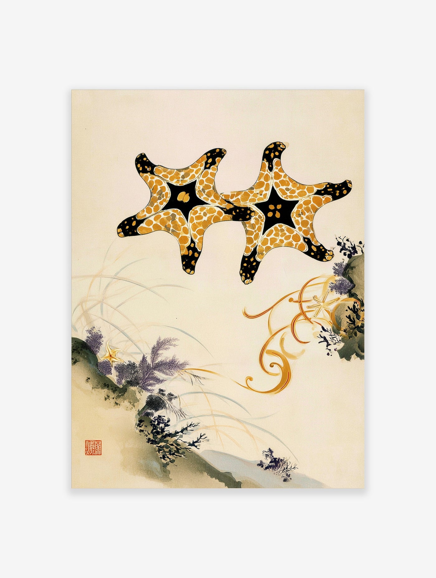 Japanese style starfish wall art print with gold and black marine creatures on a light background