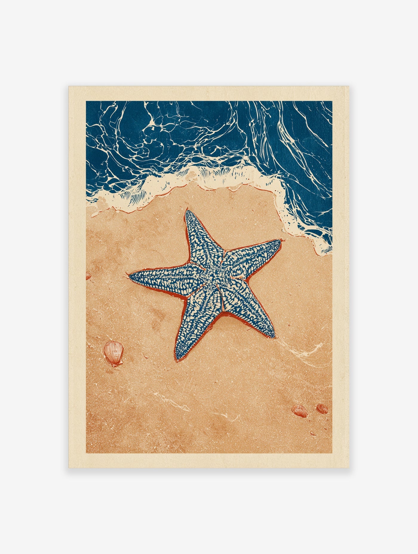 Blue starfish resting on a sandy beach with ocean waves and seashells, illustrative style wall art print