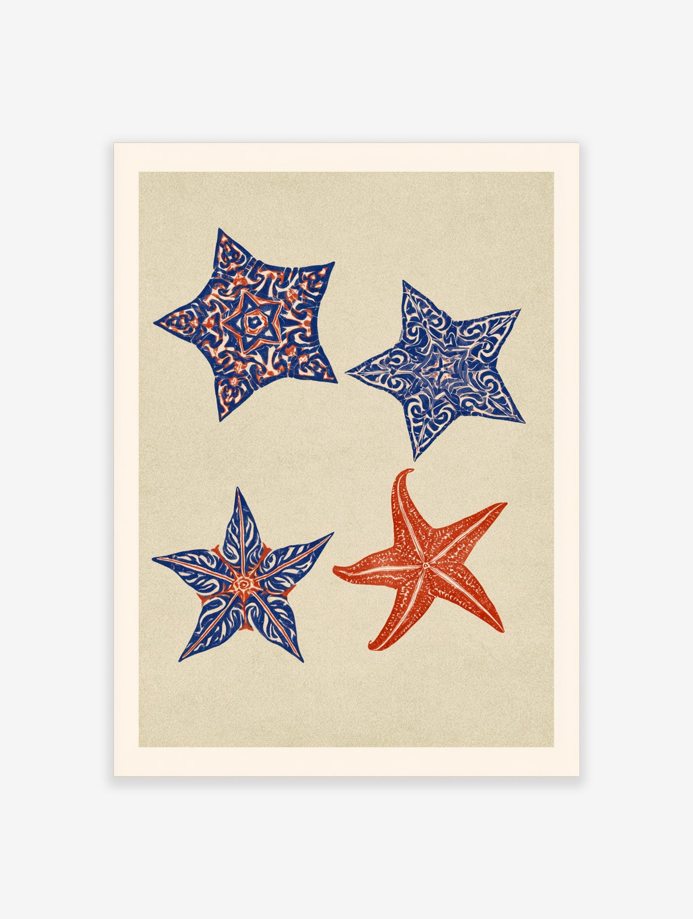 Four illustrative starfish with intricate blue and red graphic patterns on a neutral background, marine wall art print