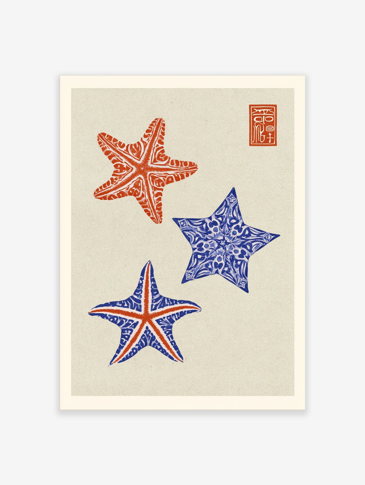 Illustration of three starfish in red and blue, with a red Japanese-style seal on a textured light cream background