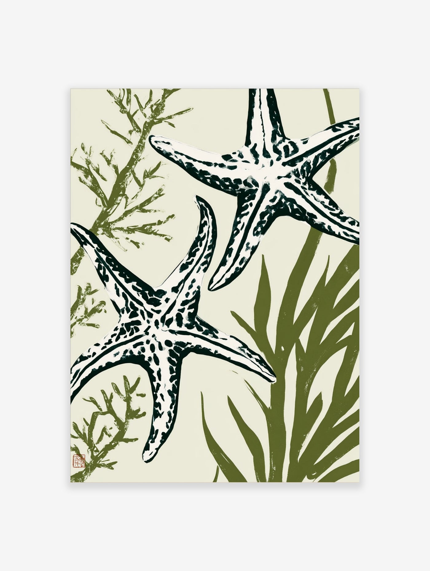 Two illustrated starfish with seaweed in green on an off-white background, coastal botanical art print