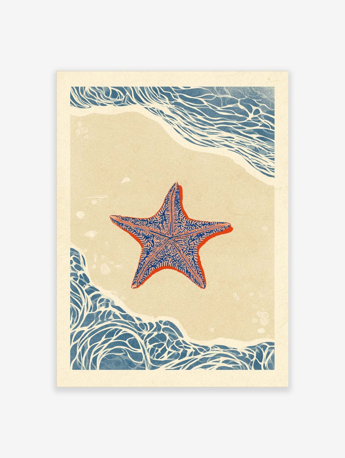 Detailed starfish illustration on sandy beach with blue water edges, coastal art print