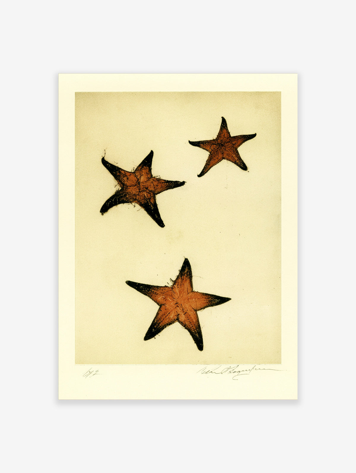 Three orange and black starfish arranged on a cream background in a vertical coastal art print