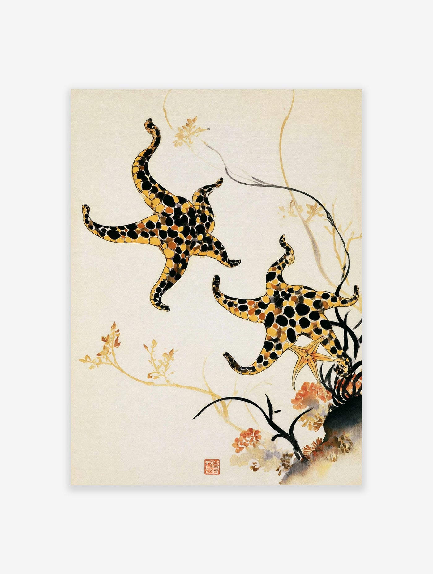 Japanese-style illustration of two spotted starfish with a red seal stamp on a light background