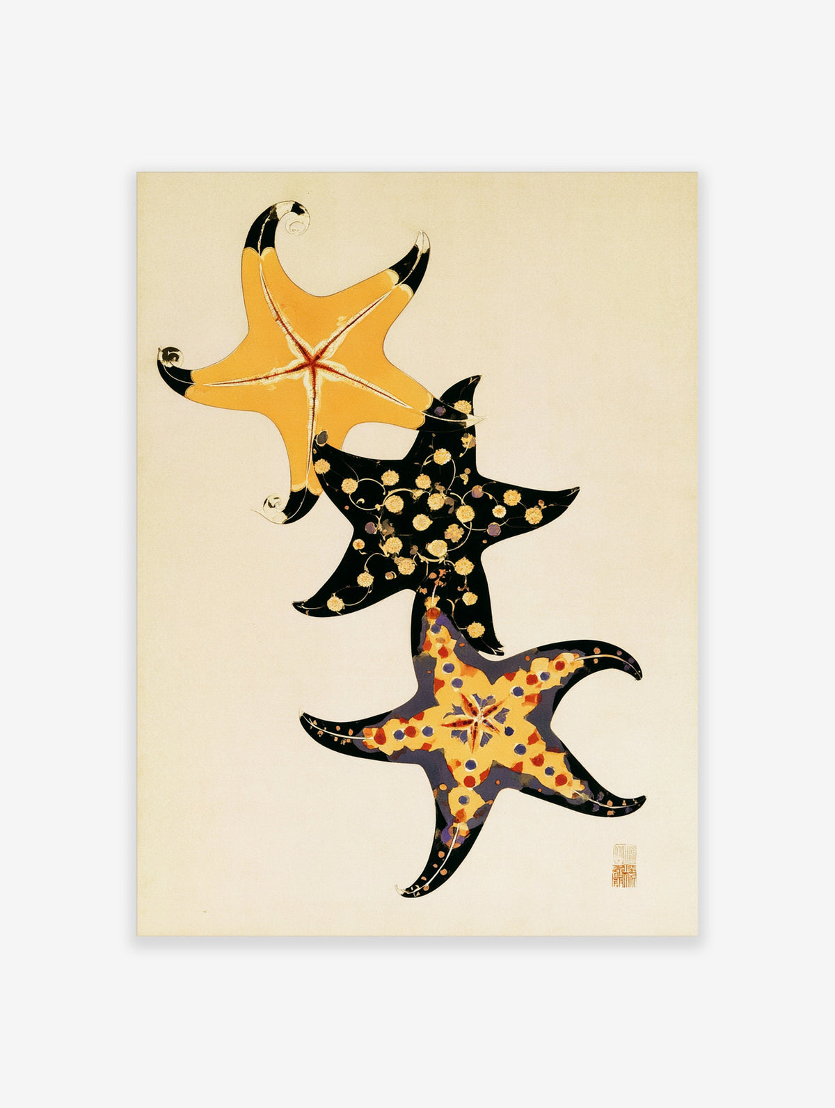 Three stylised starfish in yellow, black, and patterned designs on a plain background, marine life poster