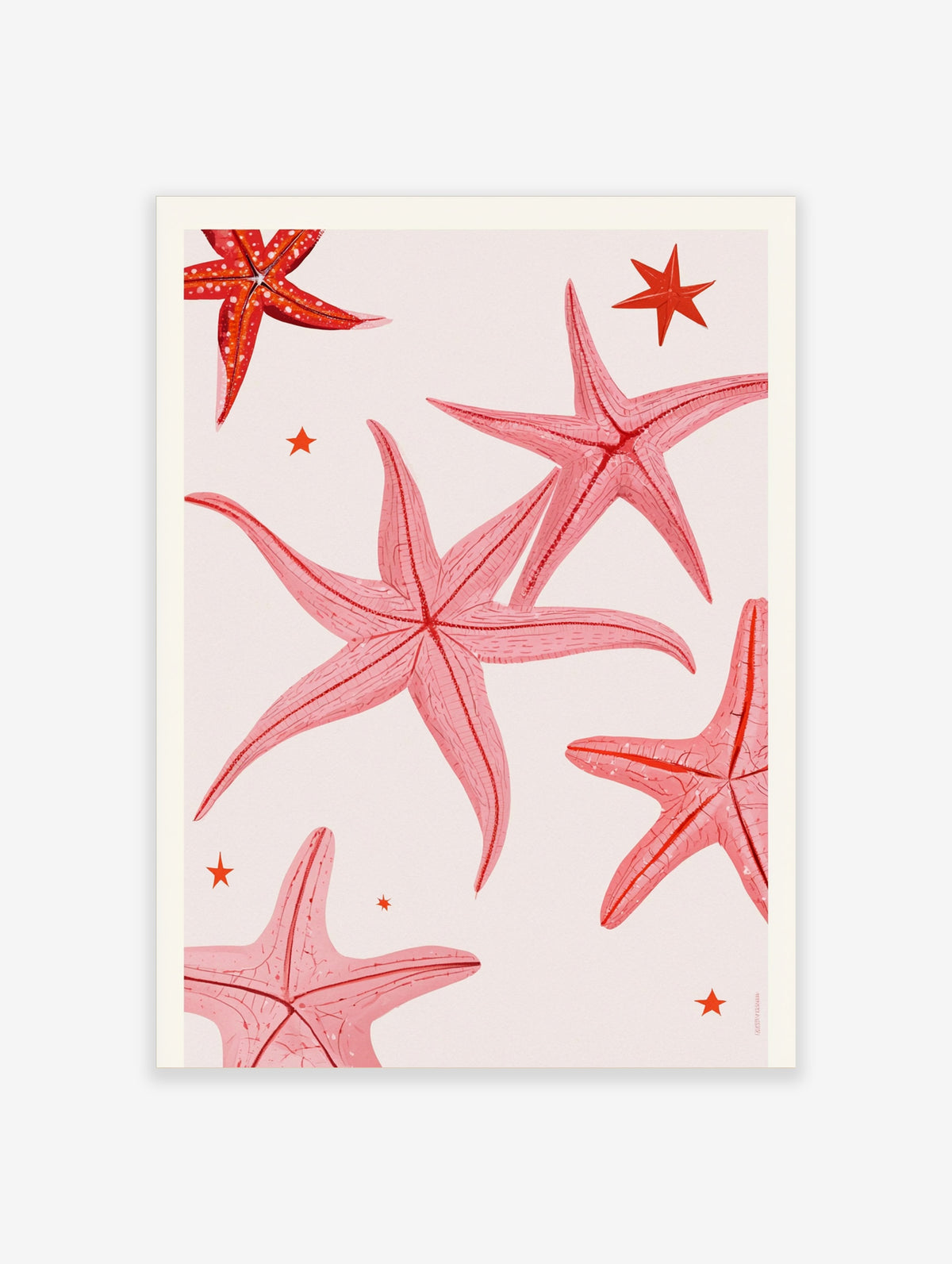 Pink starfish illustration art print with small stars on a neutral background