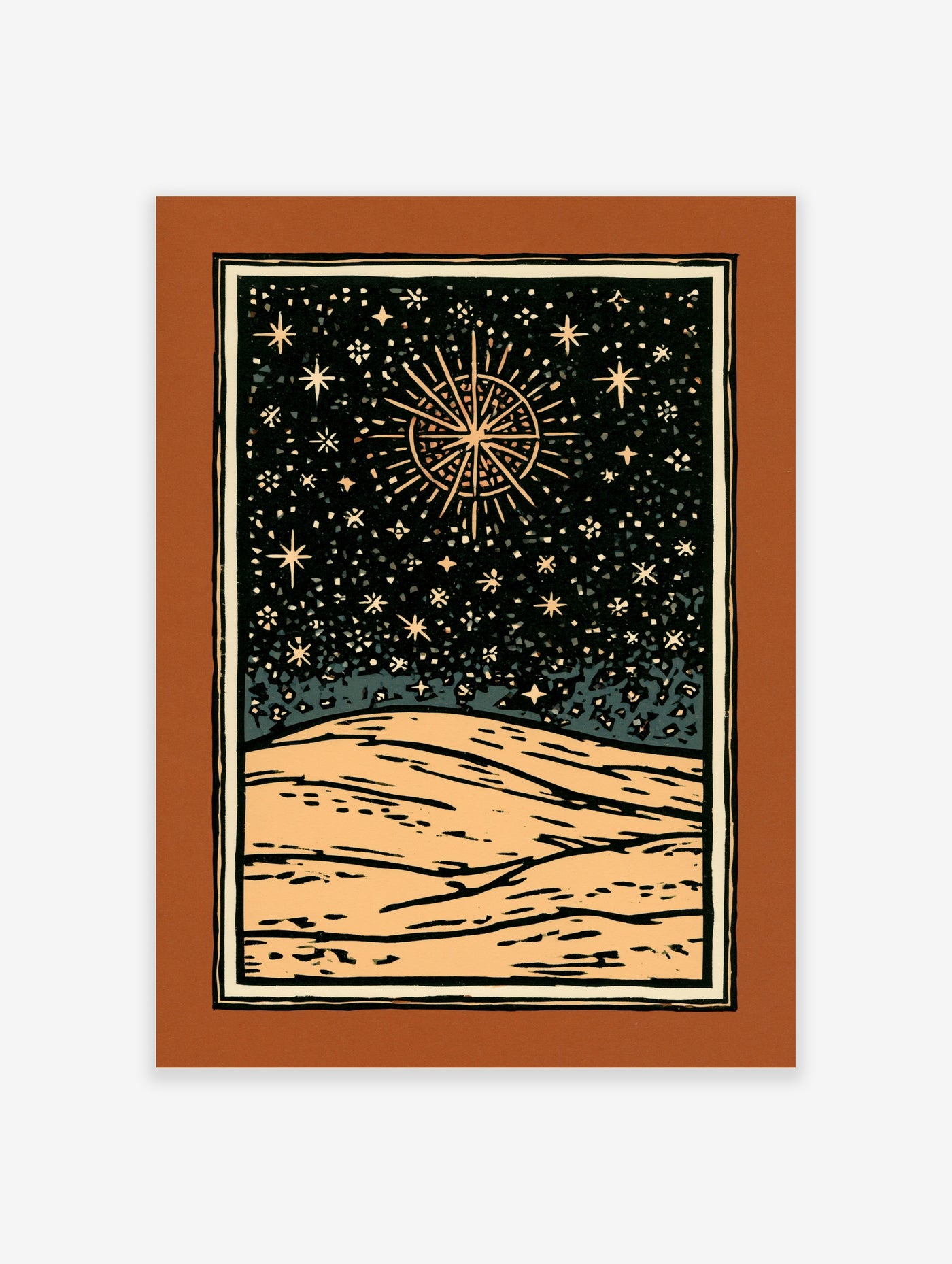 Desert landscape under starry night sky with large radiant star and dunes, black and cream illustration print