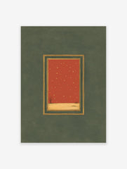 Minimalist Starry Night Landscape Art print with rust-red sky, gold stars, bare tree, and gold border on a green matte.