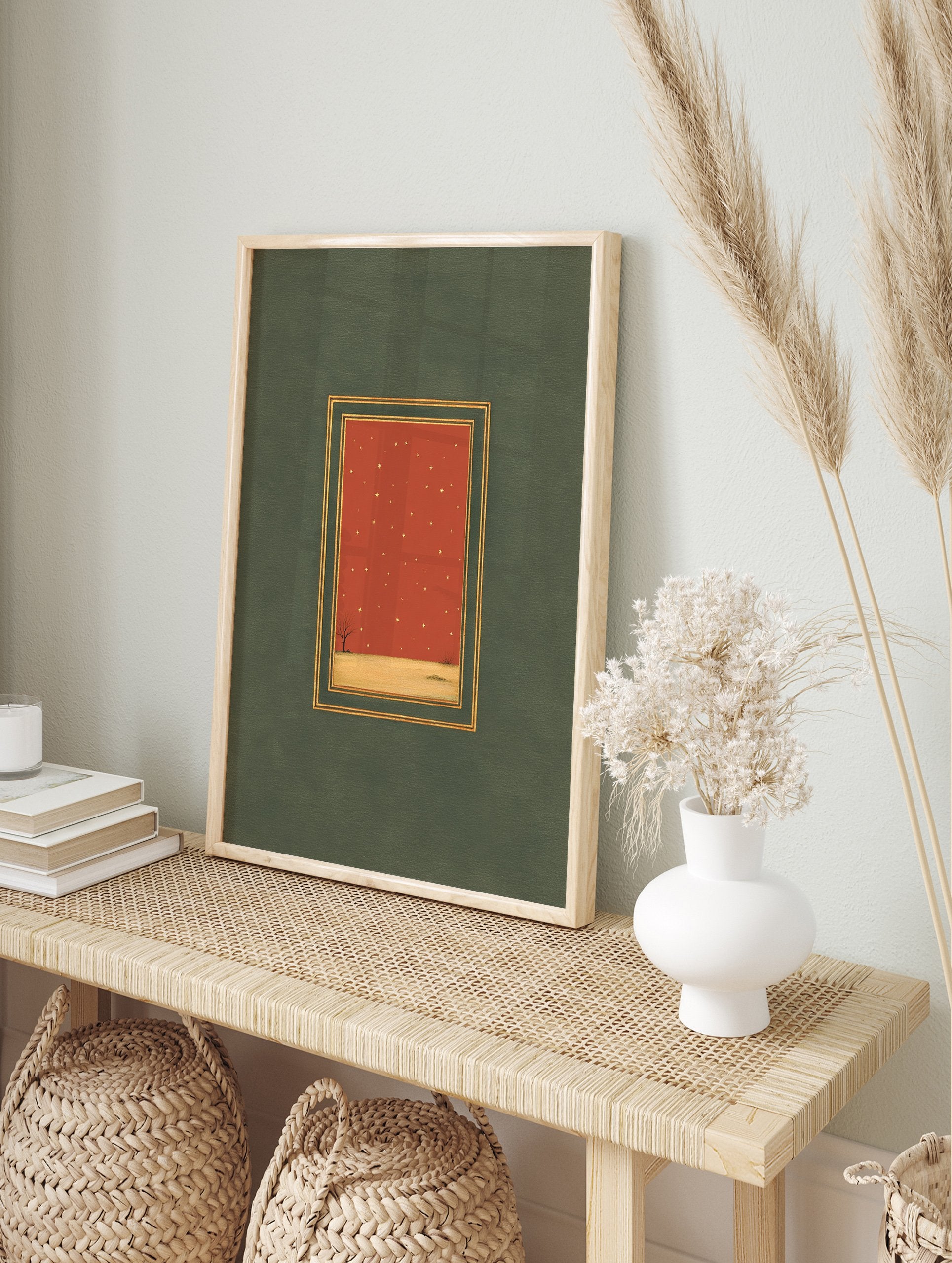 Minimalist Starry Night Landscape Art print with rust-red sky, gold stars, bare tree, and gold border on a green matte. - Image 3