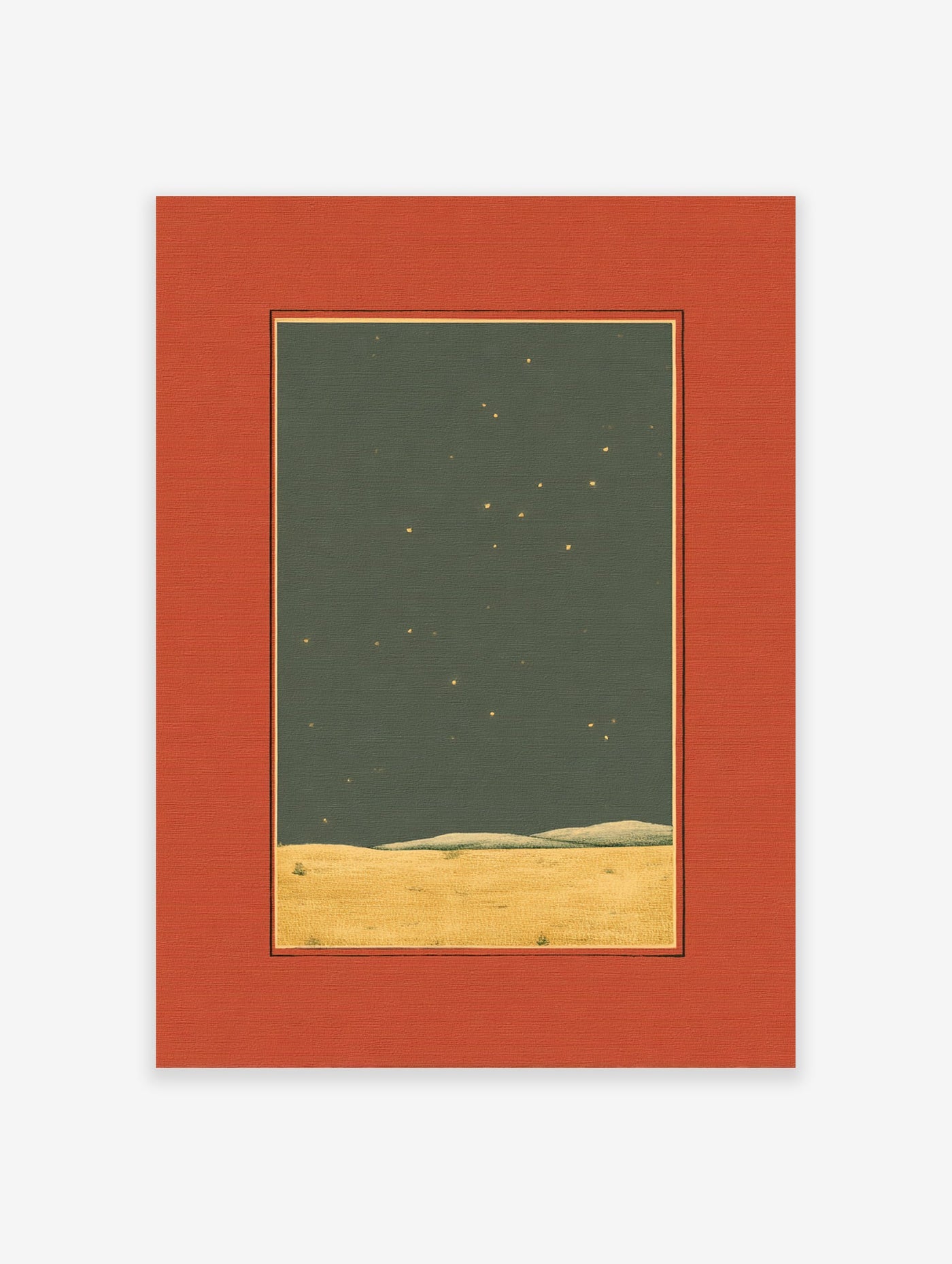Minimalist starry night landscape print with golden field under a dark green sky with yellow stars, framed by an orange mat.