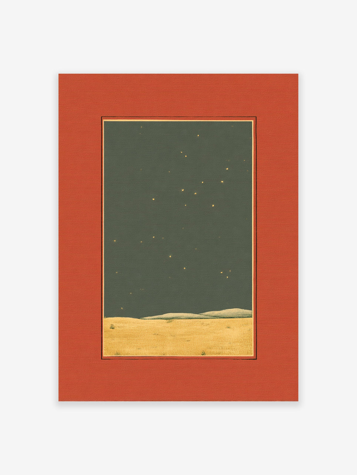 Minimalist starry night landscape print with golden field under a dark green sky with yellow stars, framed by an orange mat.