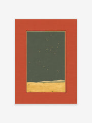 Minimalist starry night landscape print with golden field under a dark green sky with yellow stars, framed by an orange mat.