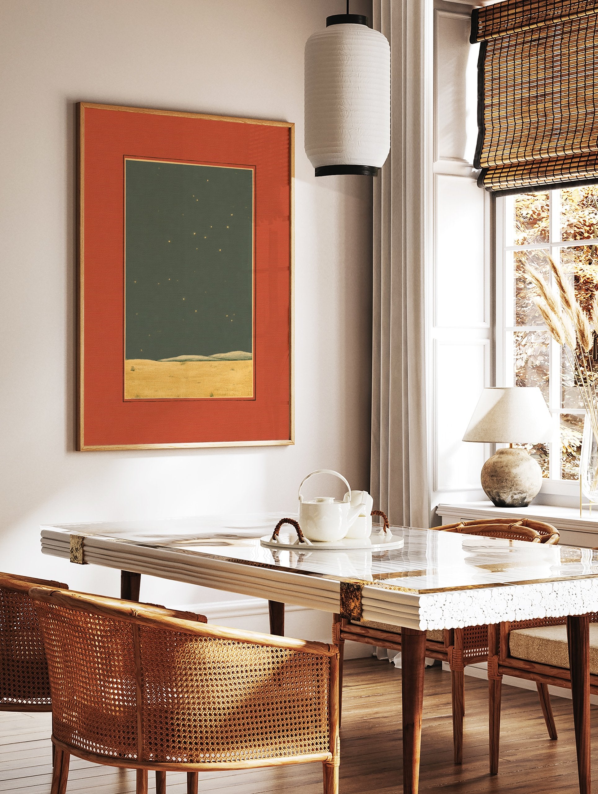 Minimalist starry night landscape print with golden field under a dark green sky with yellow stars, framed by an orange mat. - Image 2