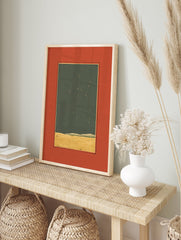Minimalist starry night landscape print with golden field under a dark green sky with yellow stars, framed by an orange mat. - Image 3