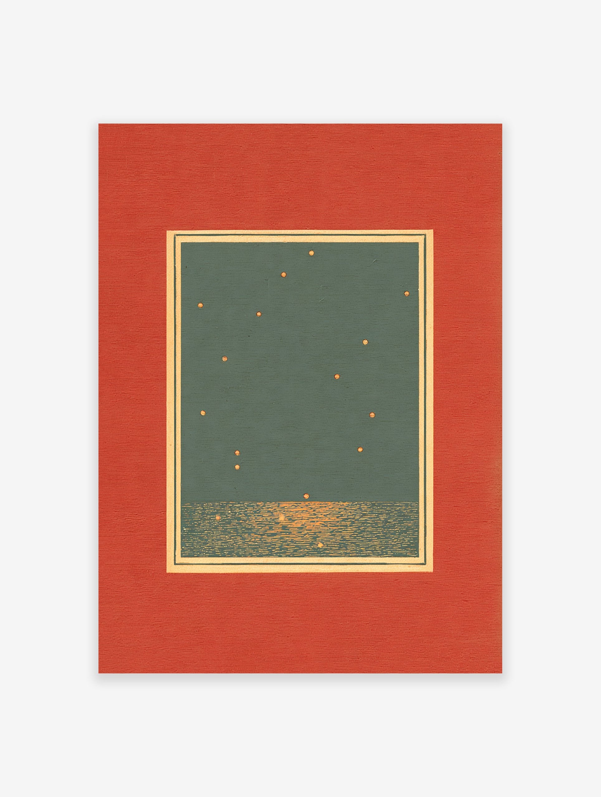 Minimalist Starry Night Wall Art print with dark teal sky, golden stars, shimmering water, and a red textured mat.