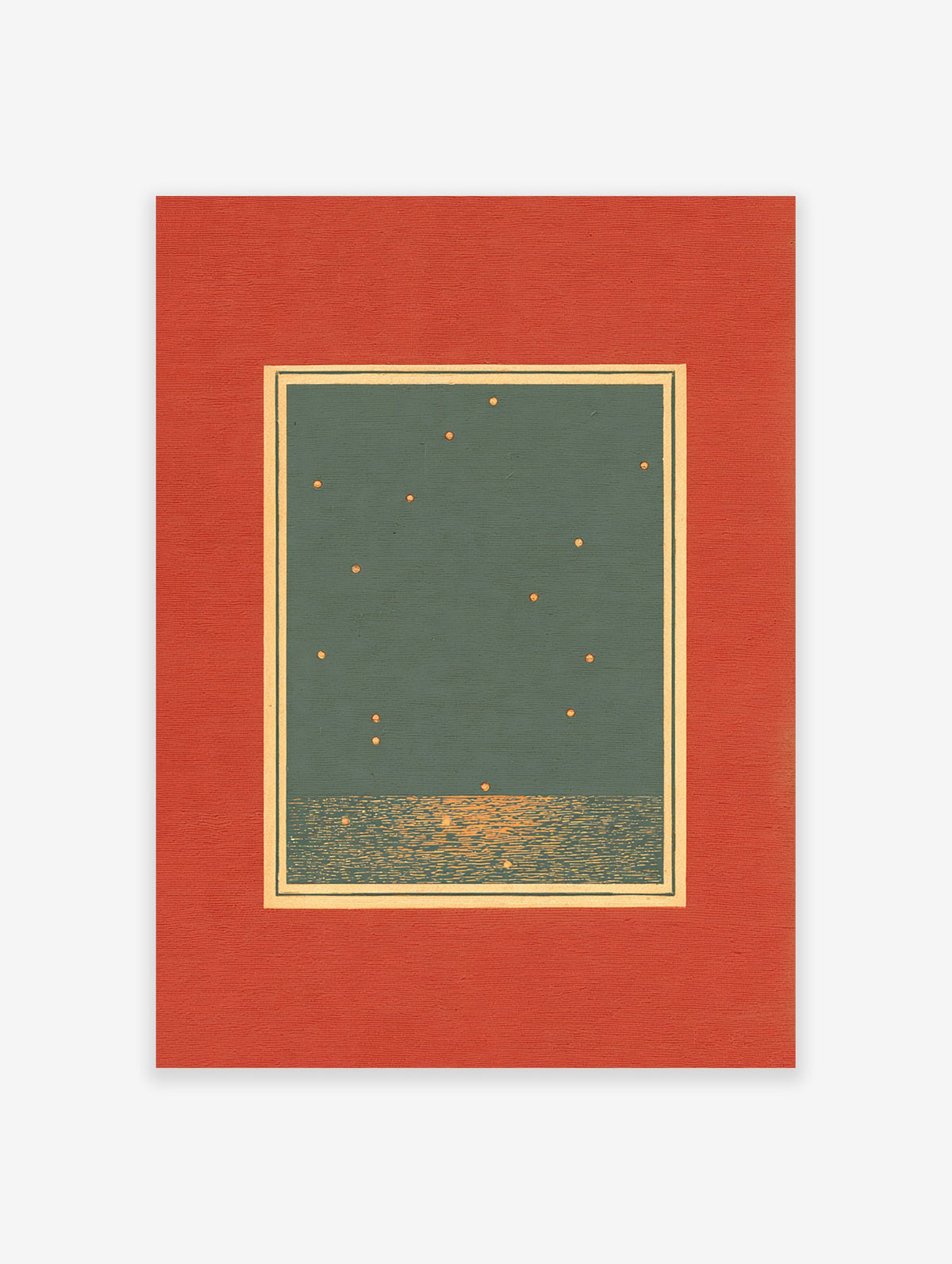 Minimalist Starry Night Wall Art print with dark teal sky, golden stars, shimmering water, and a red textured mat.