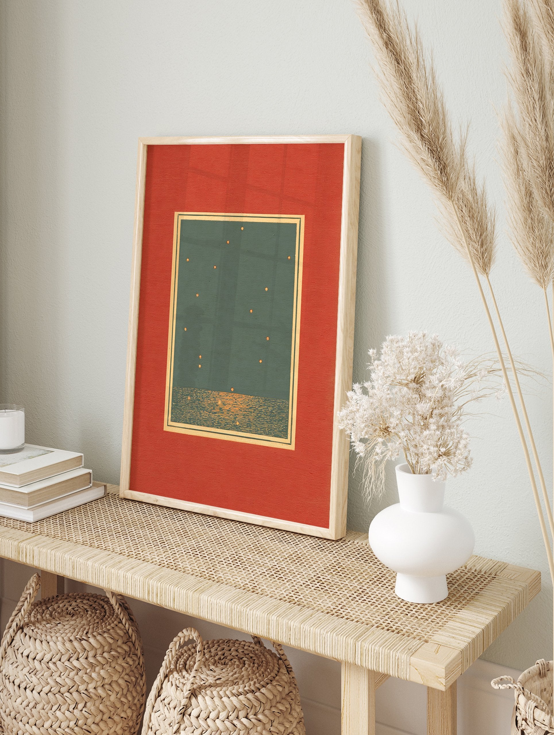 Minimalist Starry Night Wall Art print with dark teal sky, golden stars, shimmering water, and a red textured mat. - Image 3