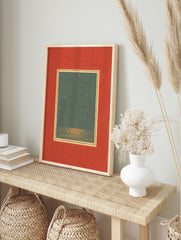 Minimalist Starry Night Wall Art print with dark teal sky, golden stars, shimmering water, and a red textured mat. - Image 3