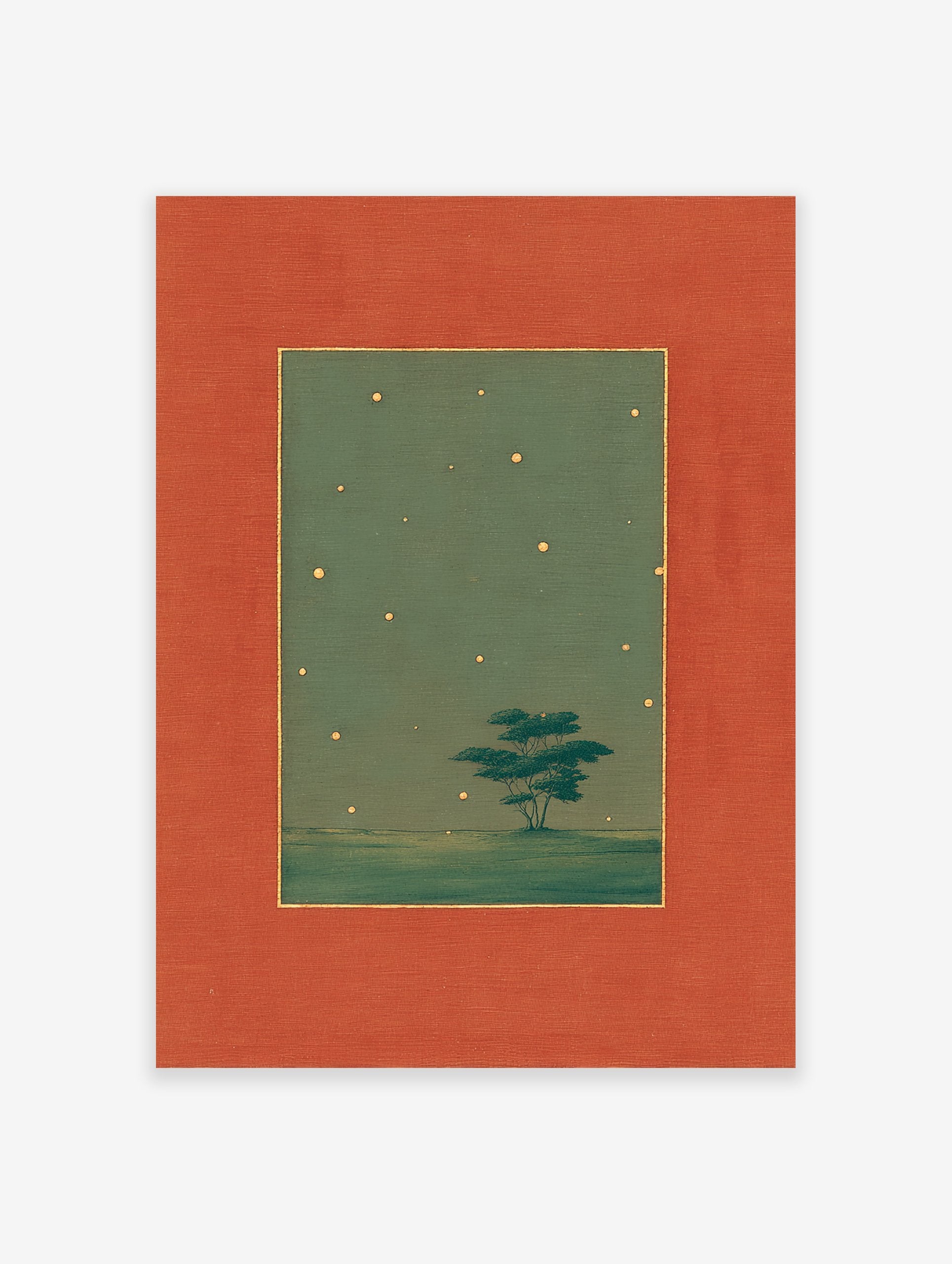 Starry Night Wall Art with a solitary tree in a green landscape under a gold-dotted sky, framed by an orange border.