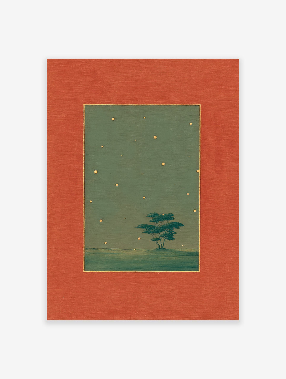 Starry Night Wall Art with a solitary tree in a green landscape under a gold-dotted sky, framed by an orange border.