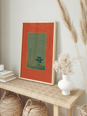 Starry Night Wall Art with a solitary tree in a green landscape under a gold-dotted sky, framed by an orange border. - Image 3