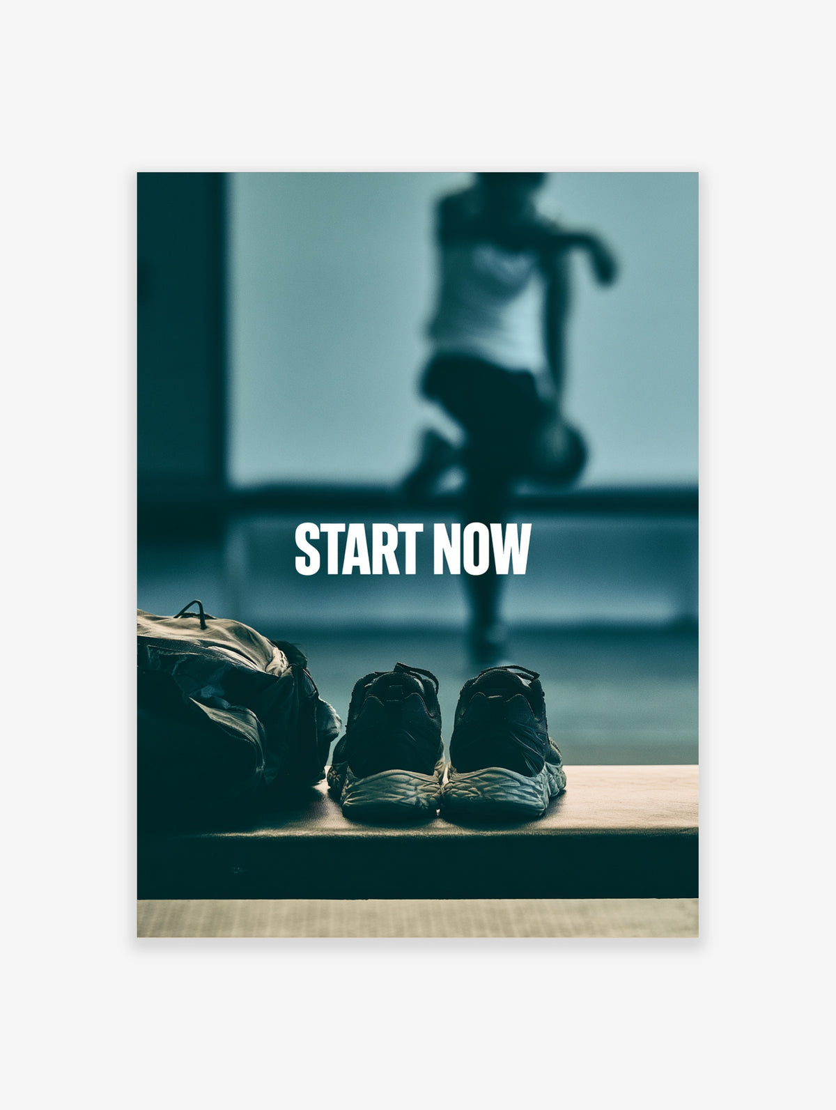 Start Now running poster with bold white text, blurred athlete and running shoes on bench
