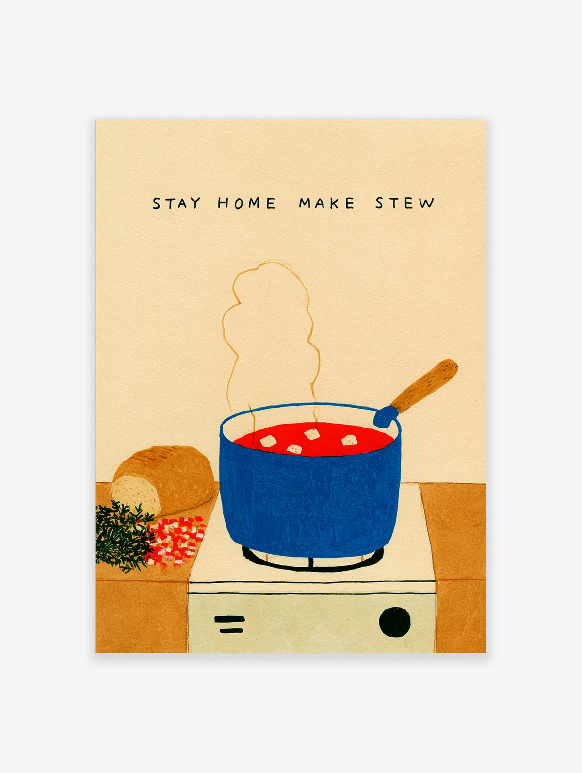 Stay Home Make Stew kitchen poster with blue pot of red stew, bread, herbs, and typography