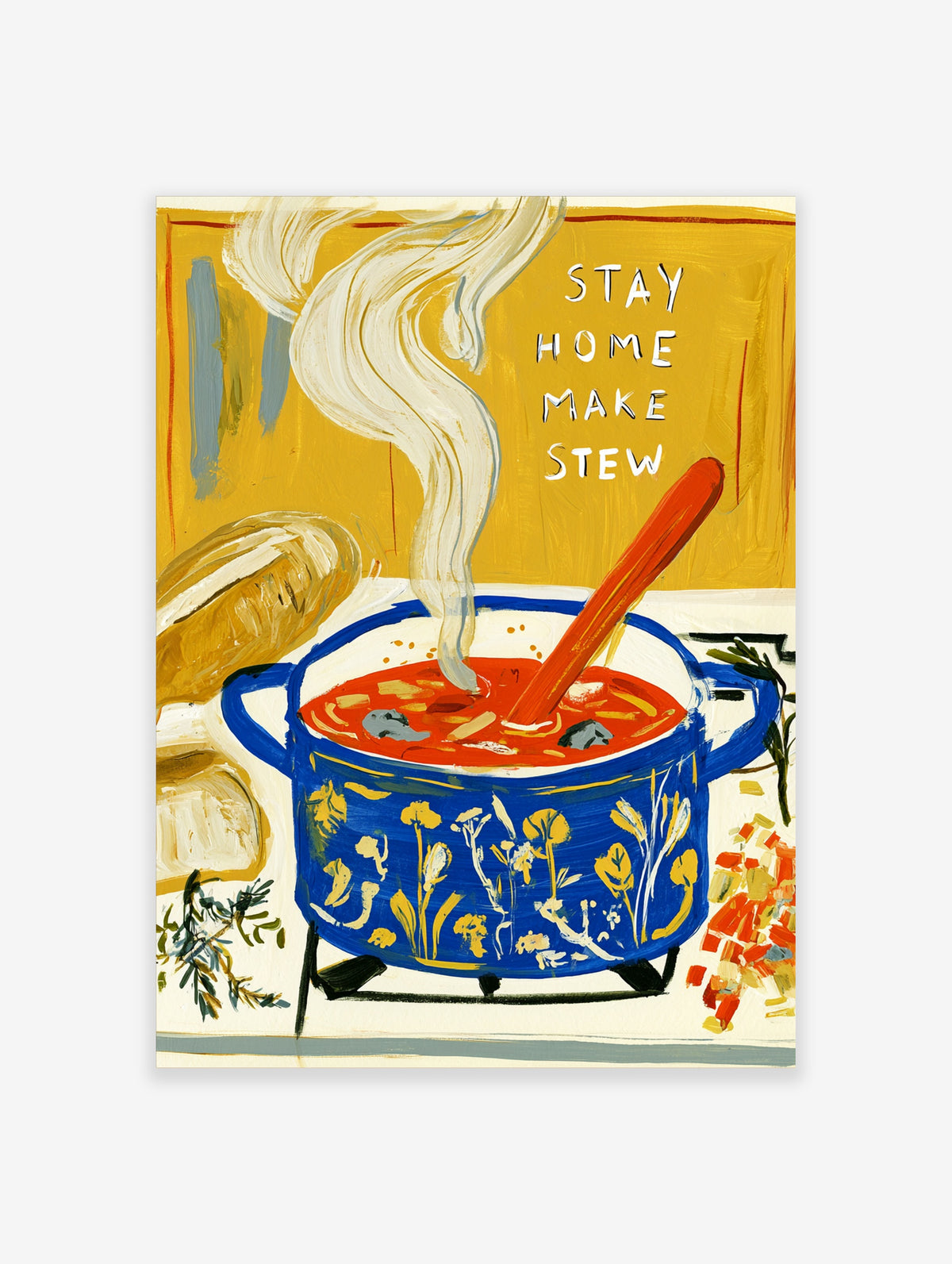 Stay Home Make Stew poster with blue floral pot, red stew, steam, bread, and text on yellow background