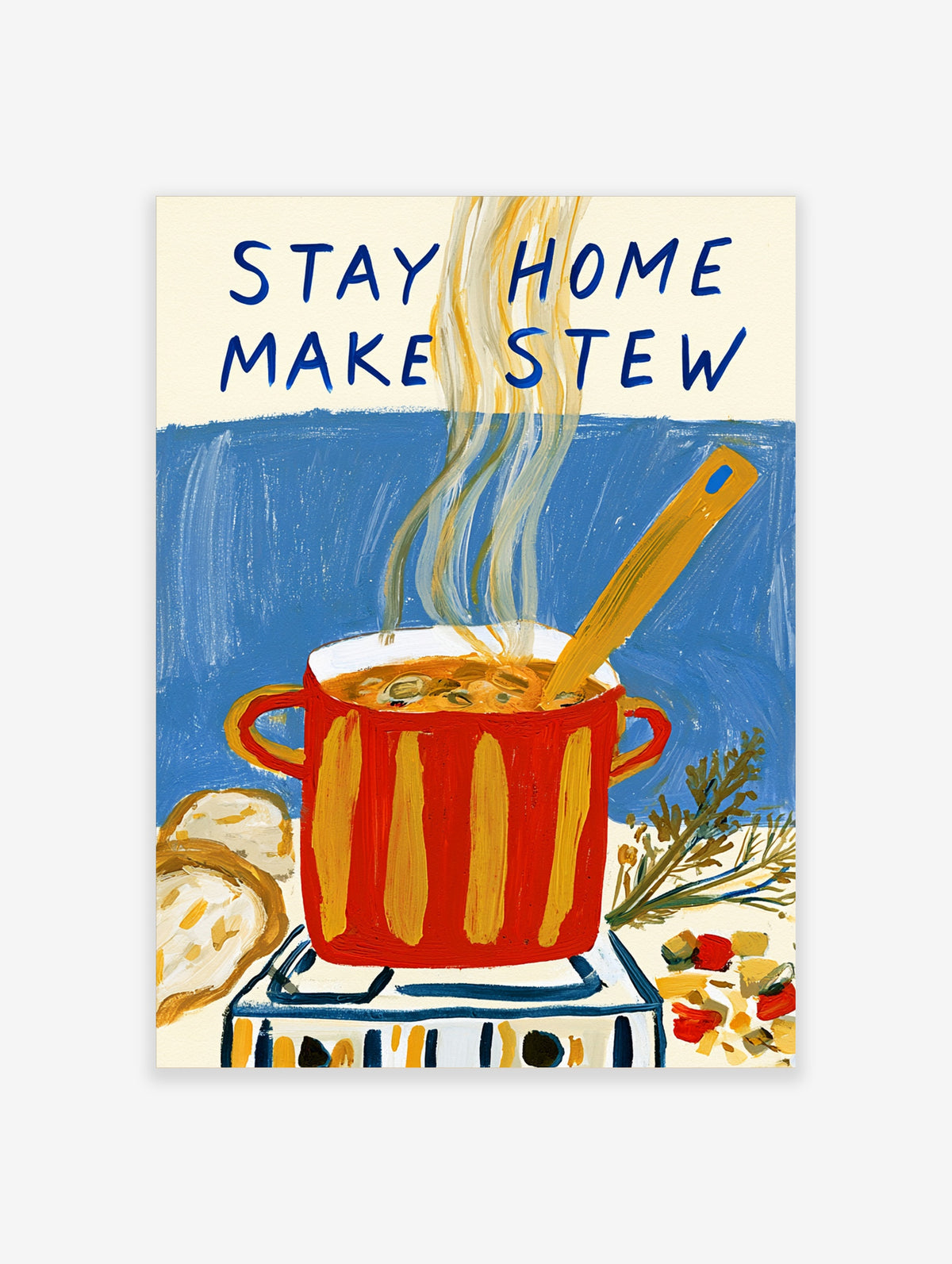 Stay Home Make Stew poster with red pot, wooden spoon, steam, and blue typography on blue background