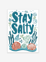 Stay Salty typography art print with teal text, orange and blue seashells, green seaweed on white background