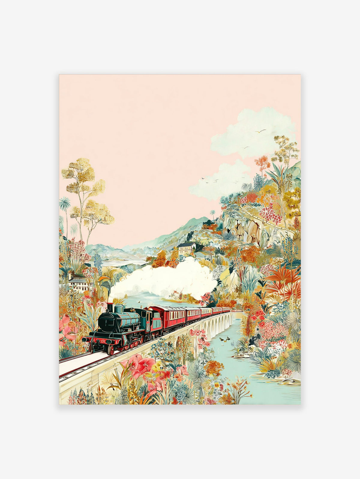 Colourful illustrative print of a steam train on a bridge, surrounded by lush, vibrant flowers and mountains