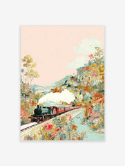Colourful illustrative print of a steam train on a bridge, surrounded by lush, vibrant flowers and mountains