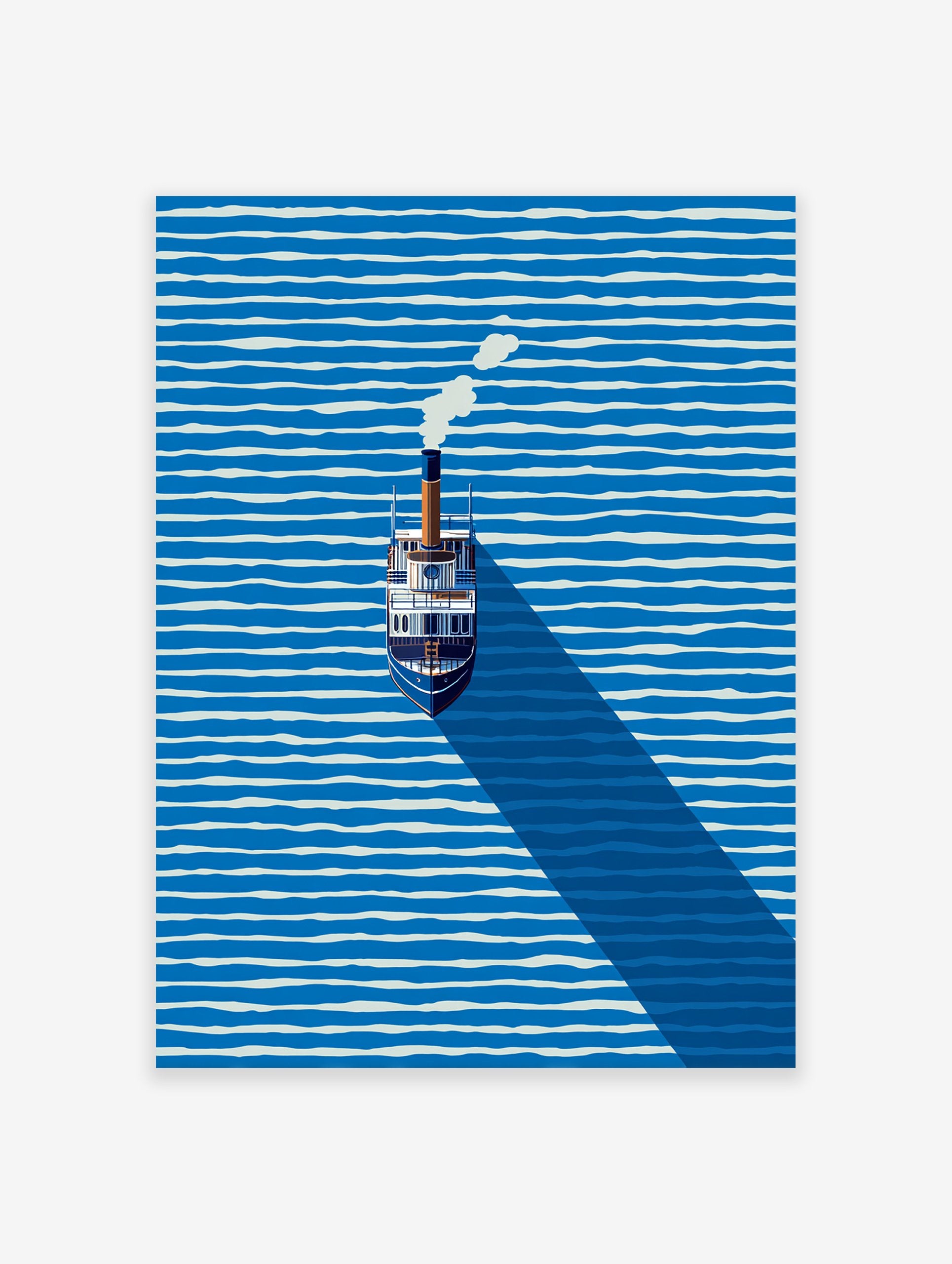 Minimalist steamboat art print on blue and white striped water with a long shadow and smoke from the chimney.