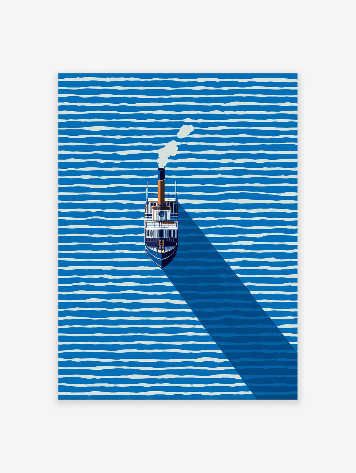 Minimalist steamboat art print on blue and white striped water with a long shadow and smoke from the chimney.