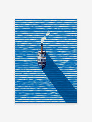 Minimalist steamboat art print on blue and white striped water with a long shadow and smoke from the chimney.