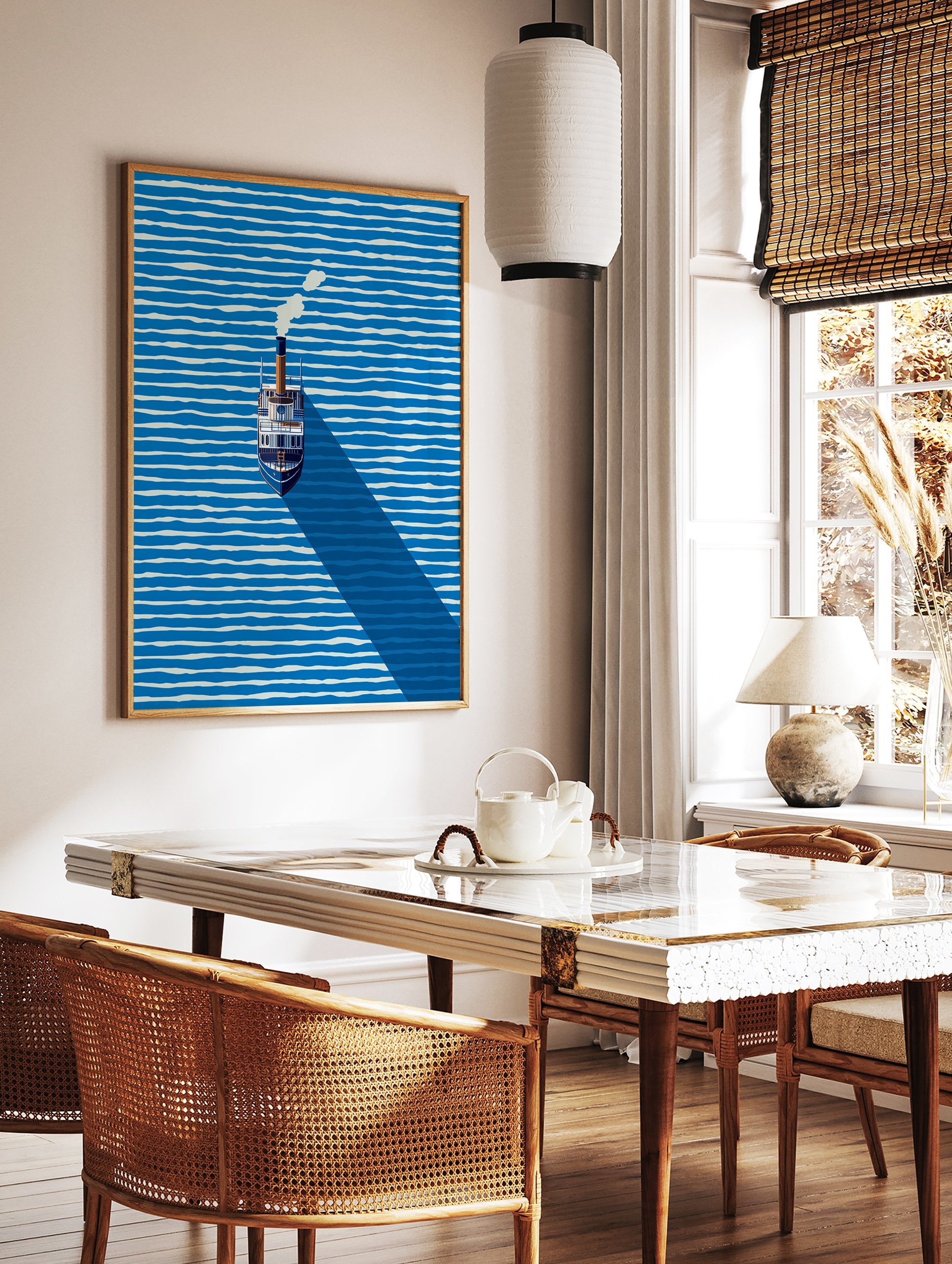 Minimalist steamboat art print on blue and white striped water with a long shadow and smoke from the chimney. - Image 2