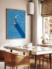 Minimalist steamboat art print on blue and white striped water with a long shadow and smoke from the chimney. - Image 2