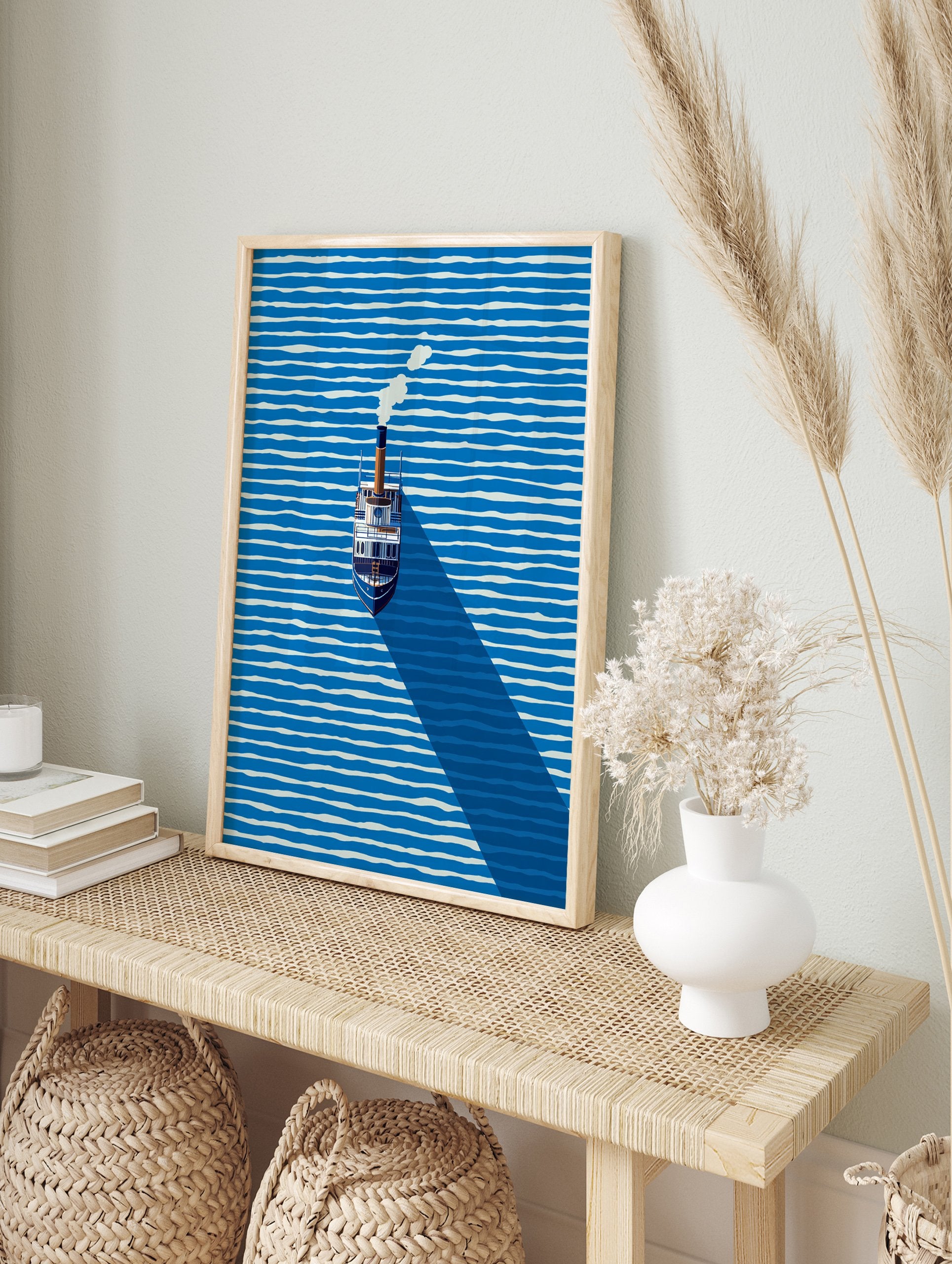 Minimalist steamboat art print on blue and white striped water with a long shadow and smoke from the chimney. - Image 3