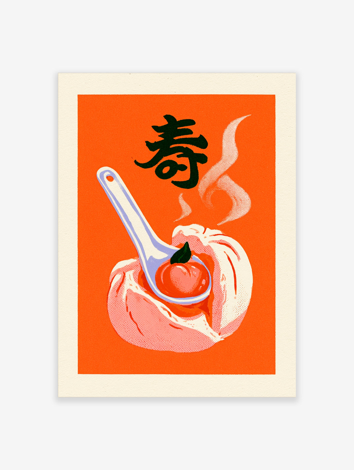 Steamed bun with peach on a spoon illustration, featuring the kanji for longevity, on a bold orange background