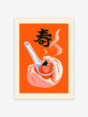 Steamed bun with peach on a spoon illustration, featuring the kanji for longevity, on a bold orange background